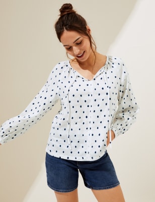 Pure Linen Polka Dot Long Sleeve Top