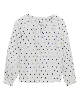 

Womens M&S Collection Pure Linen Polka Dot Long Sleeve Top - White Mix, White Mix