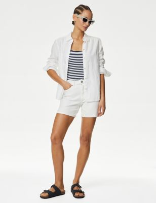 M&S Womens Linen Rich Collared Shirt - 8 - White, White