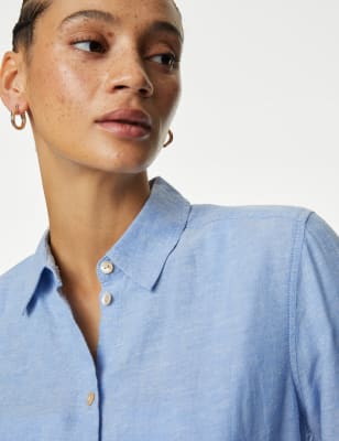 

Womens M&S Collection Kragenhemd mit hohem Leinenanteil - Light Chambray, Light Chambray