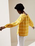 Pure Linen Checked Long Sleeve Blouse
