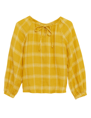 

Womens M&S Collection Pure Linen Checked Long Sleeve Blouse - Bright Gold, Bright Gold