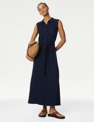 M&S Womens Linen Rich Button Through Midi Shirt Dress - 18SHT - Navy, Navy,Buff