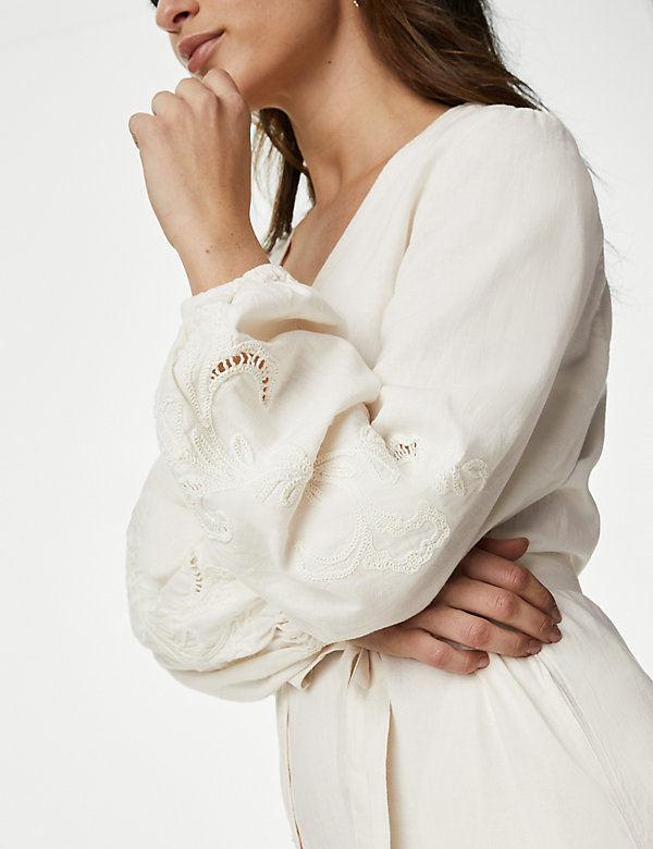 Linen Rich Embroidered V-Neck Midi Dress - NO