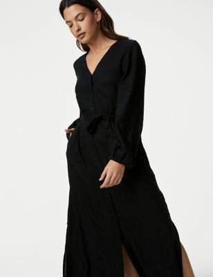 M&S Women's Linen Rich Embroidered V-Neck Midi Dress - 8REG - Black, Black,Ivory