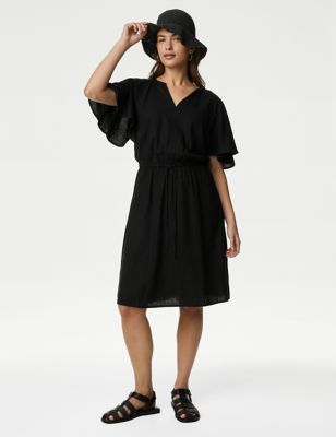 M&S Womens Linen Blend V-Neck Knee Length Swing Dress - 6SHT - Black, Black