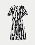 Linen Blend Printed V-Neck Swing Dress