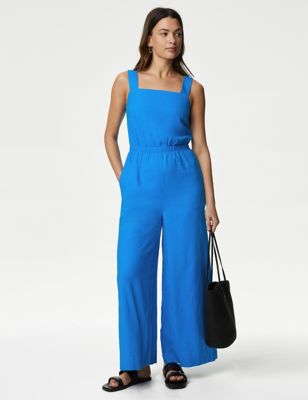 M&S Womens Linen Rich Sleeveless Jumpsuit - 8LNG - Bright Blue, Bright Blue