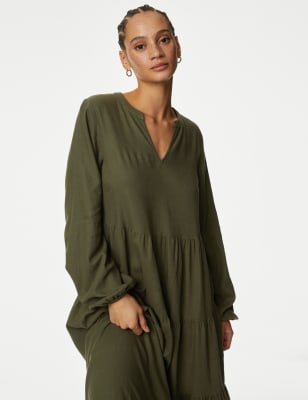 Linen Rich V-Neck Midaxi Tiered Dress - CY