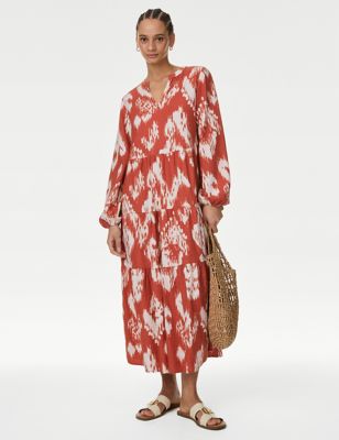 M&S Womens Linen Rich Printed V-Neck Midaxi Dress - 6REG - Sienna, Sienna