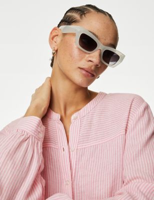 M&S Womens Linen Rich Striped Midi Shirt Dress - Pink Mix, Pink Mix