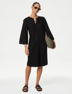 M&S Women's Linen Rich Tie Neck Knee Length Shift Dress - 8REG - Black, Black,White