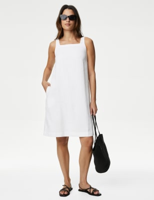 Linen Rich Square Neck Mini Shift Dress - NZ