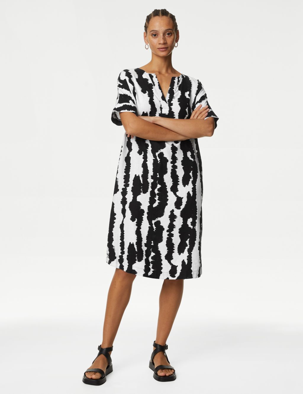 Linen Rich Printed V-Neck Shift Dress image 3
