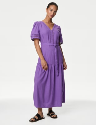 Linen Rich Tie Waist Midaxi Shift Dress