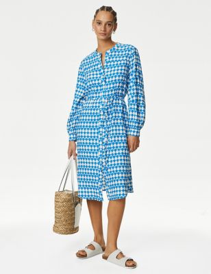 M&S Women's Linen Rich Printed Midi Shirt Dress - Blue Mix, Blue Mix