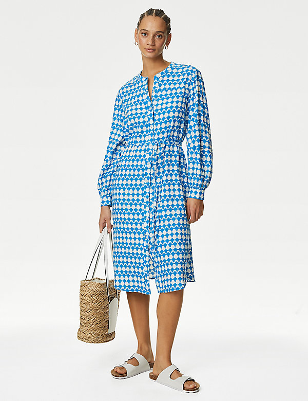 Linen Rich Printed Midi Shirt Dress - NL