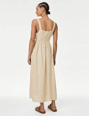 M&S Womens Linen Blend Midaxi Swing Dress - 14REG - Natural Beige, Natural Beige