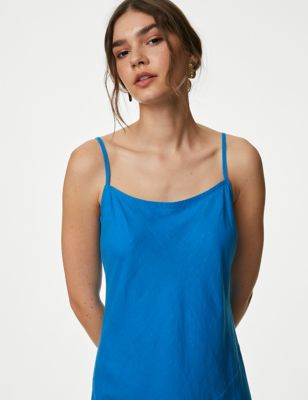 M&S Womens Linen Rich Strappy Midaxi Slip Dress - 8LNG - Bright Blue, Bright Blue,Black