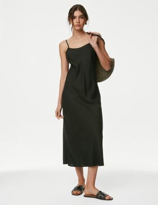 M&S Women's Linen Rich Strappy Midaxi Slip Dress - 8LNG - Black, Black,Bright Blue