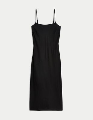 M&S Womens Linen Rich Strappy Midaxi Slip Dress - 8LNG - Black, Black,Bright Blue