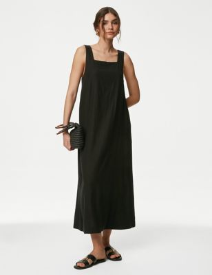 M&S Women's Linen Rich Square Neck Midaxi Dress - 18REG - Black, Black,Flame