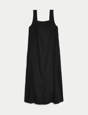 M&S Womens Linen Rich Square Neck Knee Length Dress - 6SHT - Black, Black,Flame