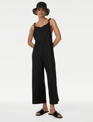 M&S Women's Linen Rich Wide Leg Cropped Jumpsuit - 20SHT - Black, Black