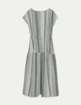 

Womens M&S Collection Linen Rich Striped Midi Shift Dress - Black Mix, Black Mix