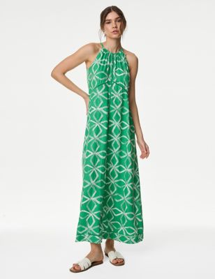 M&S Womens Linen Rich Printed Halter Neck Maxi Dress - 16REG - Medium Green, Medium Green