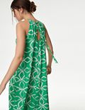 Linnenrijke maxi-jurk met halterlijn en print