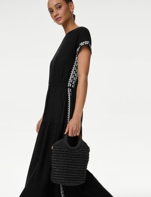 M&S Women's Linen Rich Embroidered Tie Waist Midi Dress - 8LNG - Black, Black