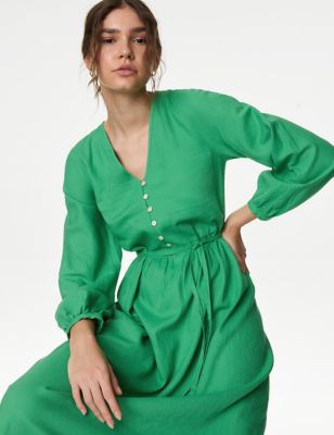 M&S Womens Linen Rich V-Neck Midi Shift Dress - 8LNG - Medium Green, Medium Green