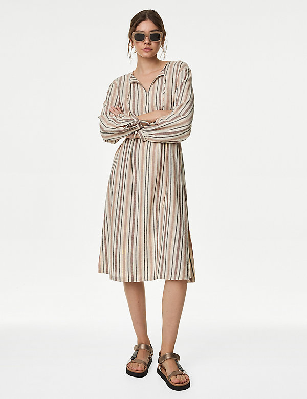 Linen Blend Striped Midi Shift Dress - NL