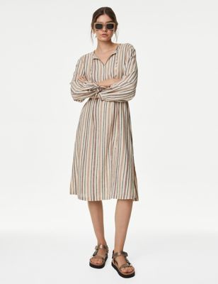 M&S Womens Linen Blend Striped Midi Shift Dress - 6REG - Beige Mix, Beige Mix