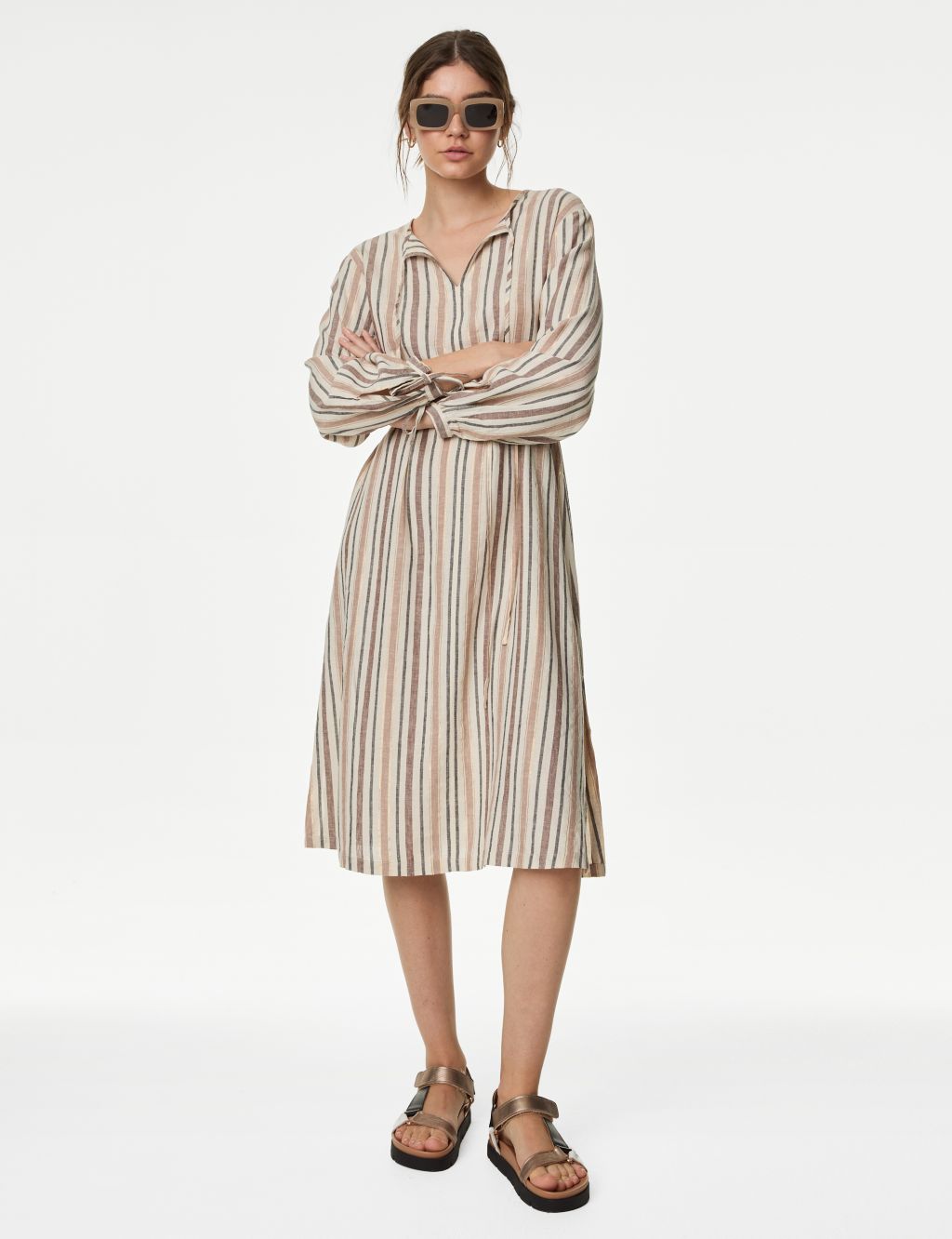 Linen Blend Striped Midi Shift Dress