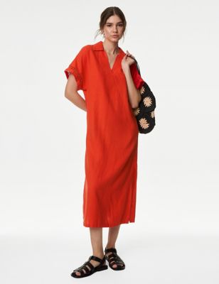 

Womens M&S Collection Linen Rich V-Neck Collared Midi Shift Dress - Flame, Flame