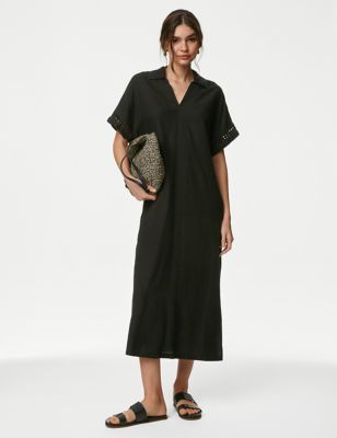 M&S Womens Linen Rich V-Neck Collared Midi Shift Dress - 6REG - Black, Black,Flame