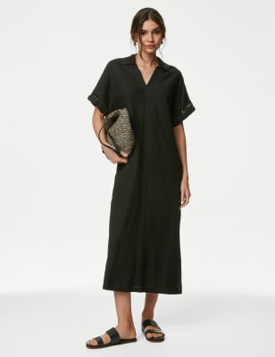 Linen Rich V-Neck Collared Midi Shift Dress - CA