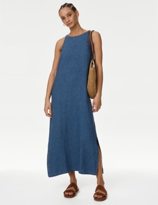 M&S Womens Linen Rich Round Neck Midi Slip Dress - 16REG - Indigo, Indigo