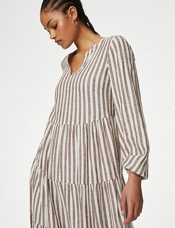 Linen Rich Striped V-Neck Midaxi Tiered Dress - NL