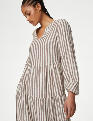 M&S Womens Linen Rich Striped V-Neck Midaxi Tiered Dress - 6REG - Conker, Conker