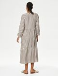 Linen Rich Striped V-Neck Midaxi Tiered Dress