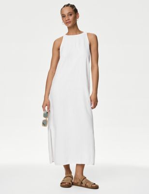 M&S Womens Linen Rich Round Neck Midi Slip Dress - 14LNG - White, White