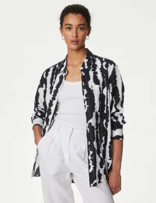 M&S Womens Pure Linen Printed Collared Relaxed Shirt - 8 - Black Mix, Black Mix,White/Black,Sienna