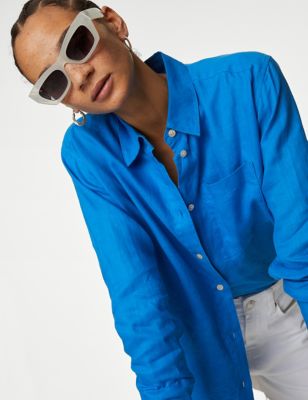 M&S Womens Pure Linen Relaxed Shirt - 14 - Bright Blue, Bright Blue,Black,White