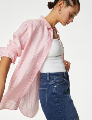 M&S Womens Pure Linen Collared Relaxed Shirt - 16 - Pink, Pink,Light Chambray,Calico