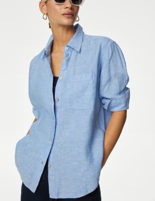 M&S Womens Pure Linen Collared Relaxed Shirt - 8 - Light Chambray, Light Chambray,Calico