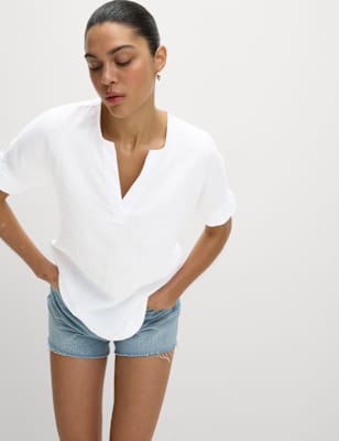 Pure Linen V-Neck Popover Blouse