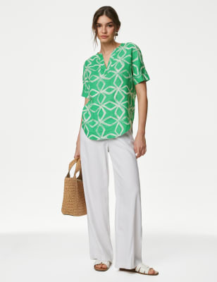 

M&S Collection Blusa cerrada 100% lino de escote en pico estampadaWomens - Medium Green, Medium Green